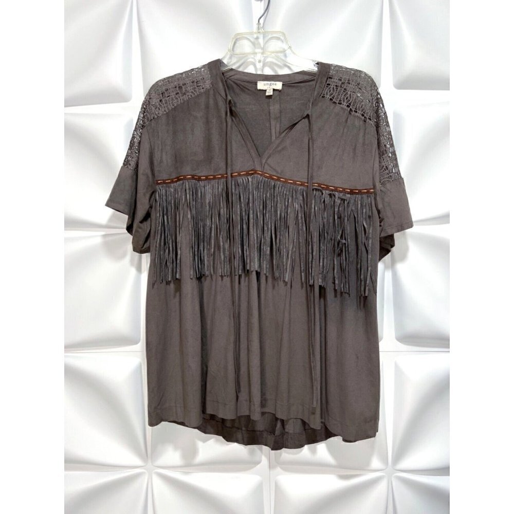 Umgee Sz M Faux Suede Leather Suede Fringed Top Blouse Indian Aztec Boho
